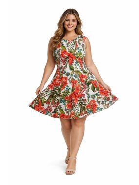 Zarr Collection Skater Dress Women's 12 White Tropical Floral Flared Party Skirt